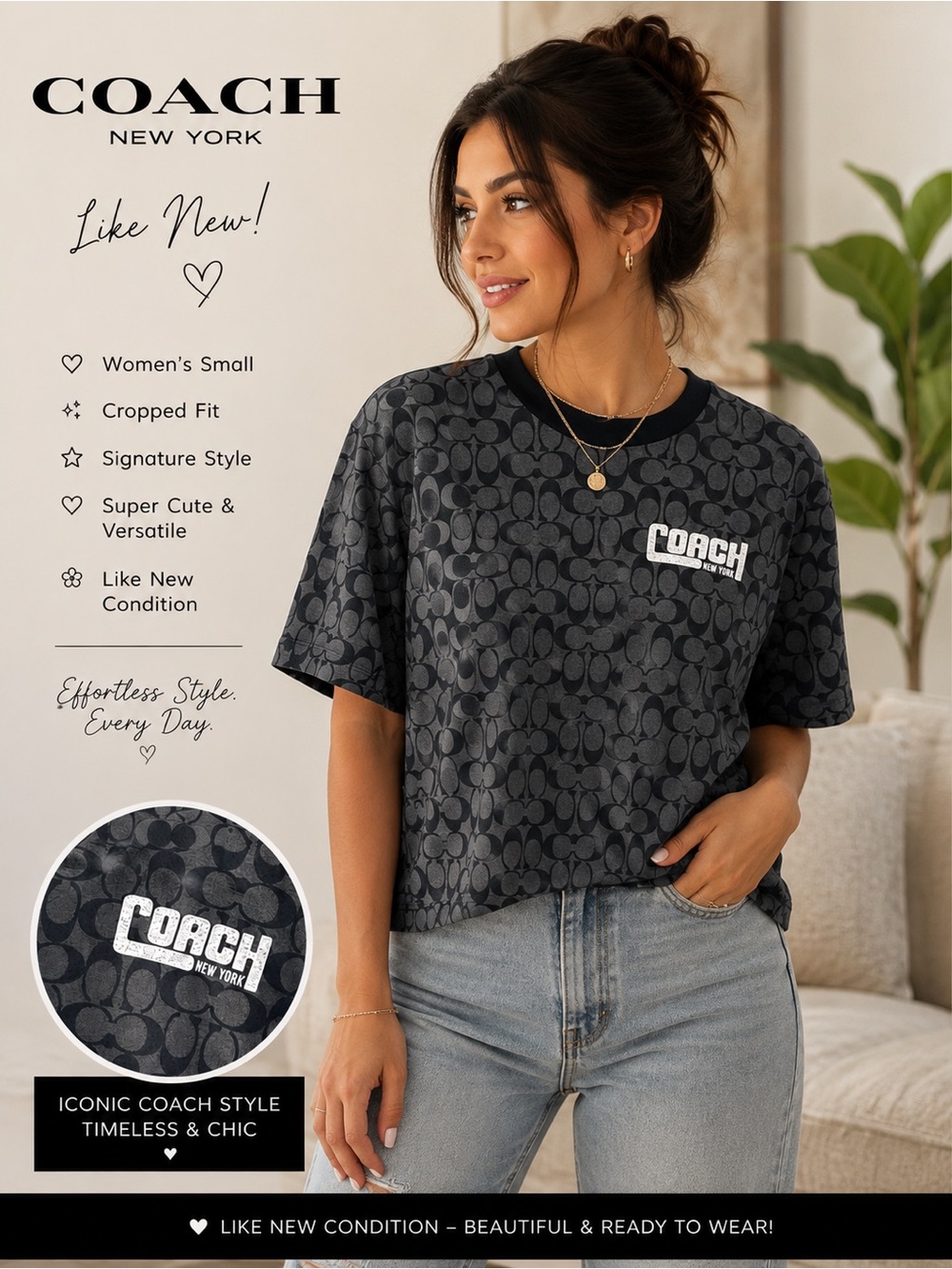 Coach Black Logo Cropped Signature Tee